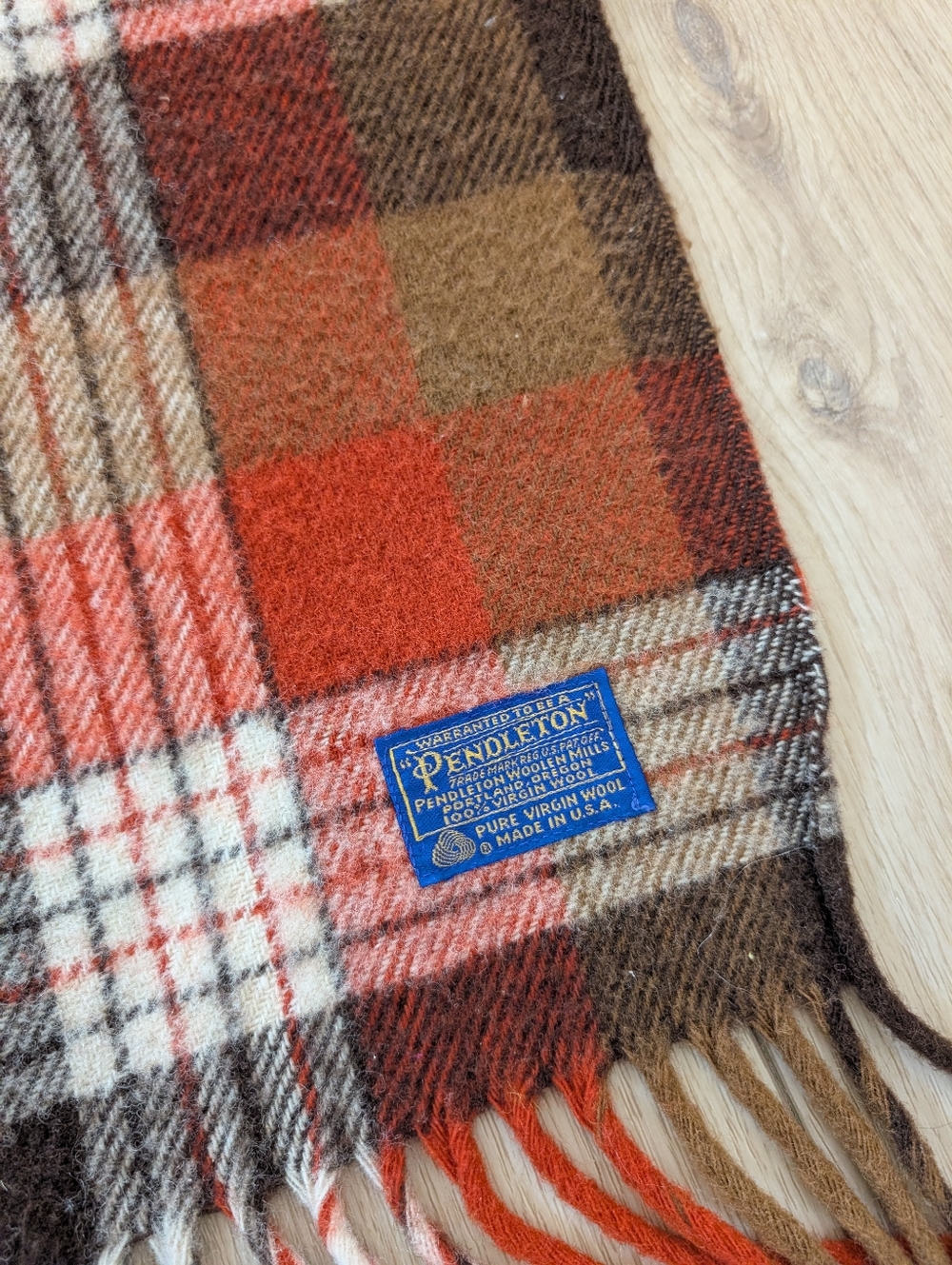 Pendleton 100% Wool Plaid Throw Blanket. 52 X 76 With Fringe. Rust, Brown, Cream